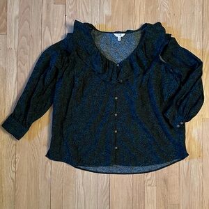 Terra & Sky Women’s Botany Green Ruffle Floral Button Down Blouse, Size 1X